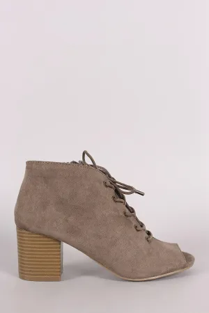 Bamboo Suede Peep Toe Lace-Up Chunky Heeled Booties