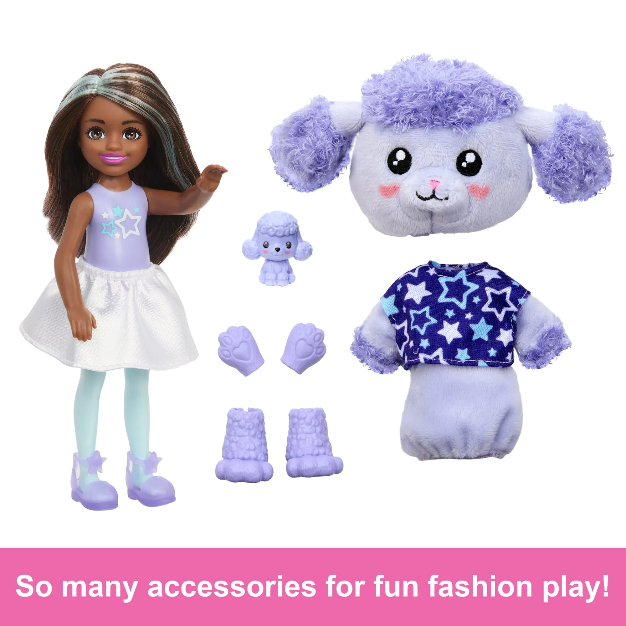 Barbie Cutie Reveal Cozy Cute Tees Series Chelsea Doll & Accessories, Plush Poodle, Brunette Small Doll