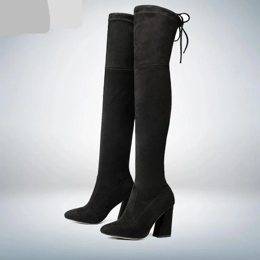 Chic Flock Leather Over The Knee Thigh High Boots