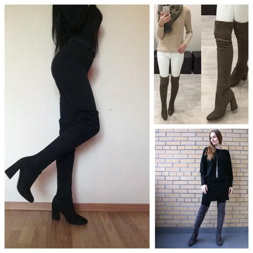 Chic Flock Leather Over The Knee Thigh High Boots