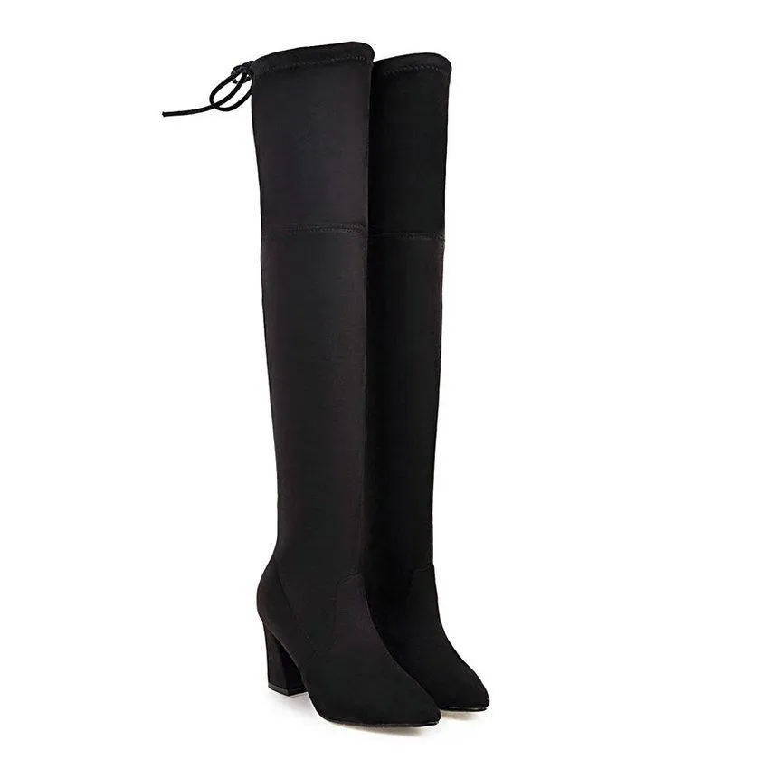 Chic Flock Leather Over The Knee Thigh High Boots