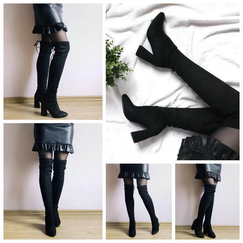 Chic Flock Leather Over The Knee Thigh High Boots