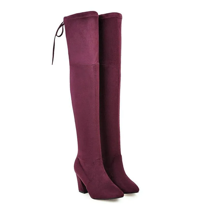 Chic Flock Leather Over The Knee Thigh High Boots