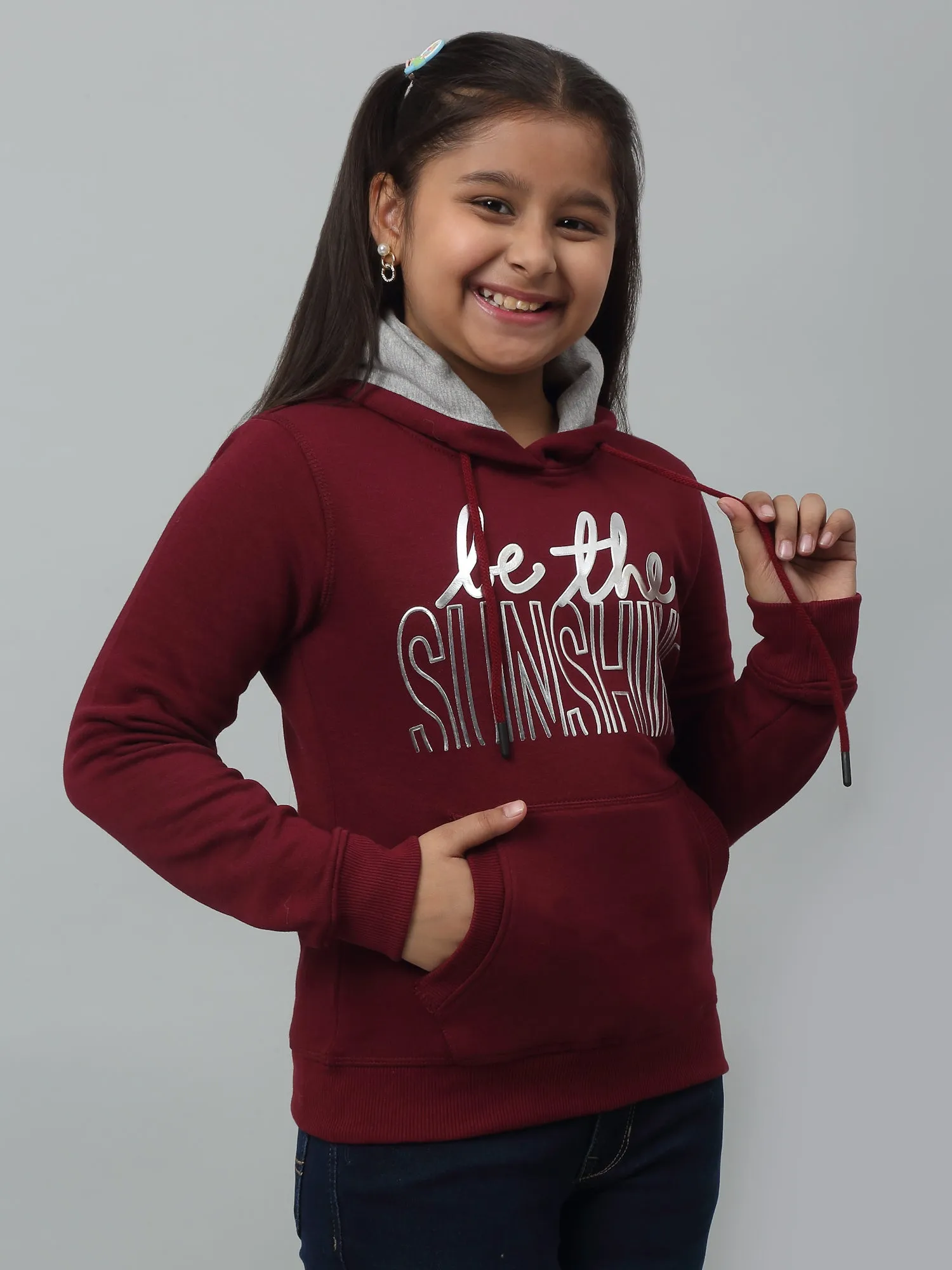 Girls Maroon Printed Hooded Neck Sweatshirt For Winter