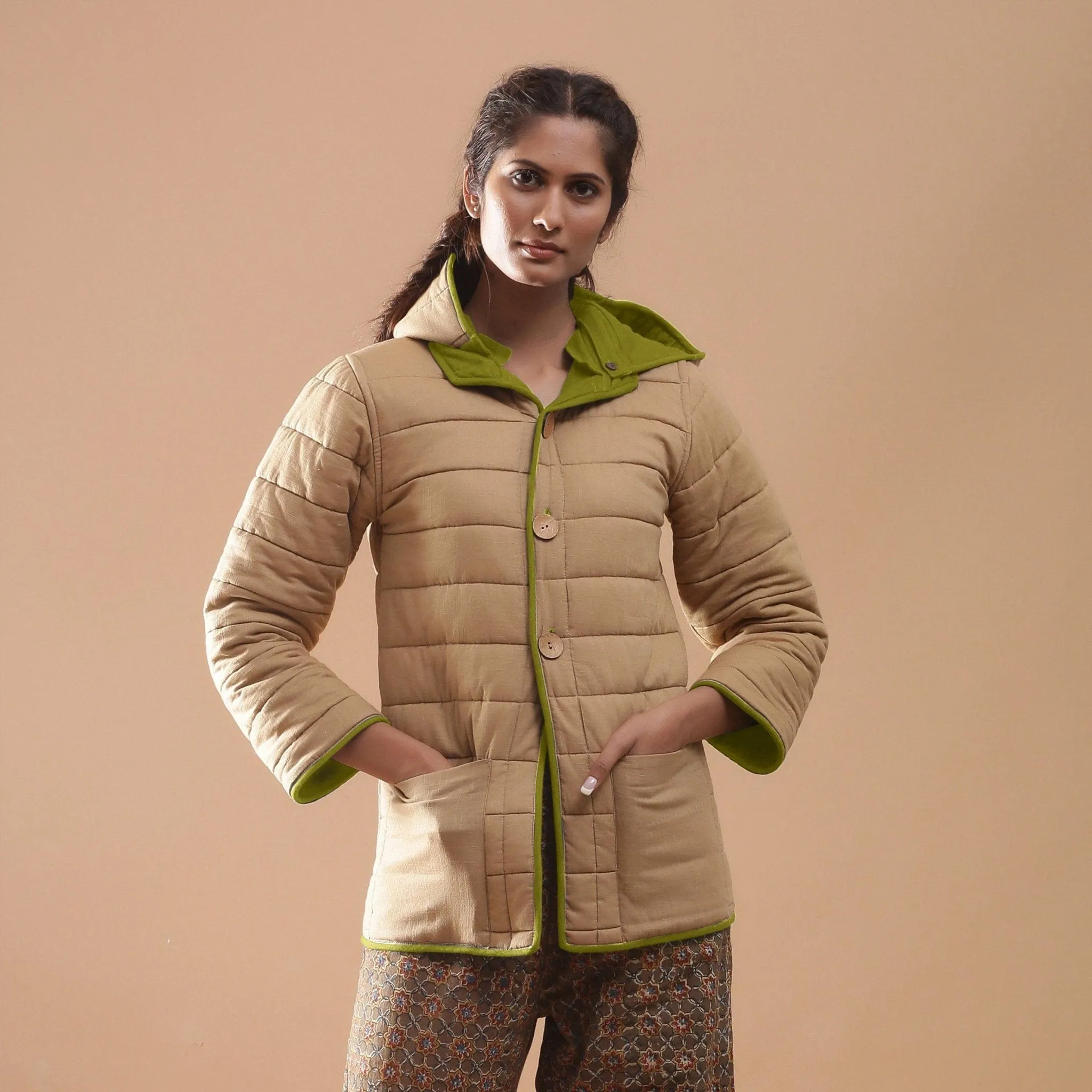 Green Reversible Detachable Quilted Cotton Hoodie Jacket