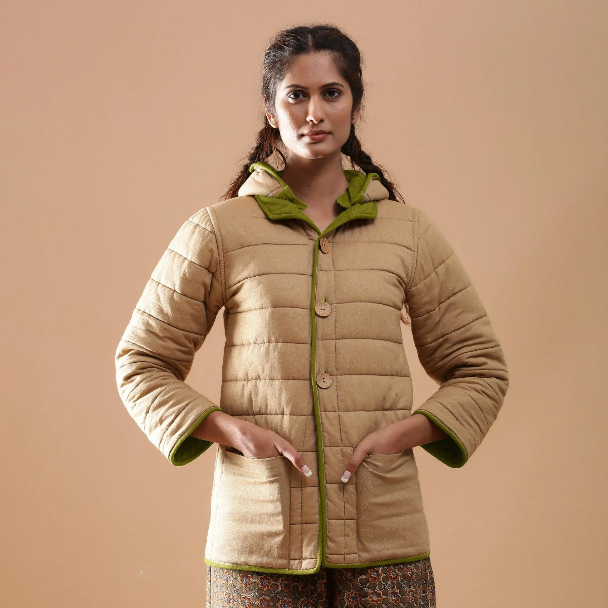 Green Reversible Detachable Quilted Cotton Hoodie Jacket