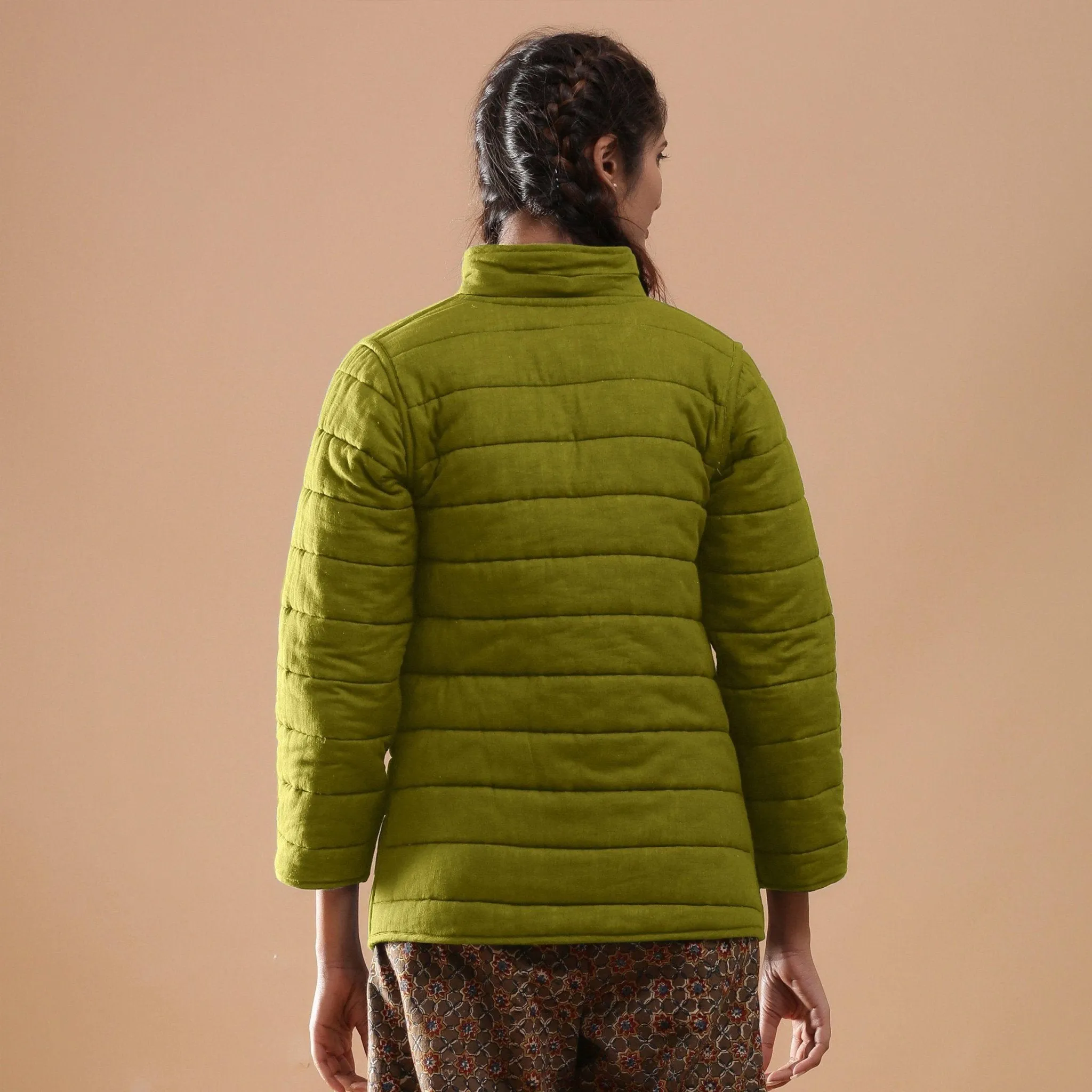 Green Reversible Detachable Quilted Cotton Hoodie Jacket