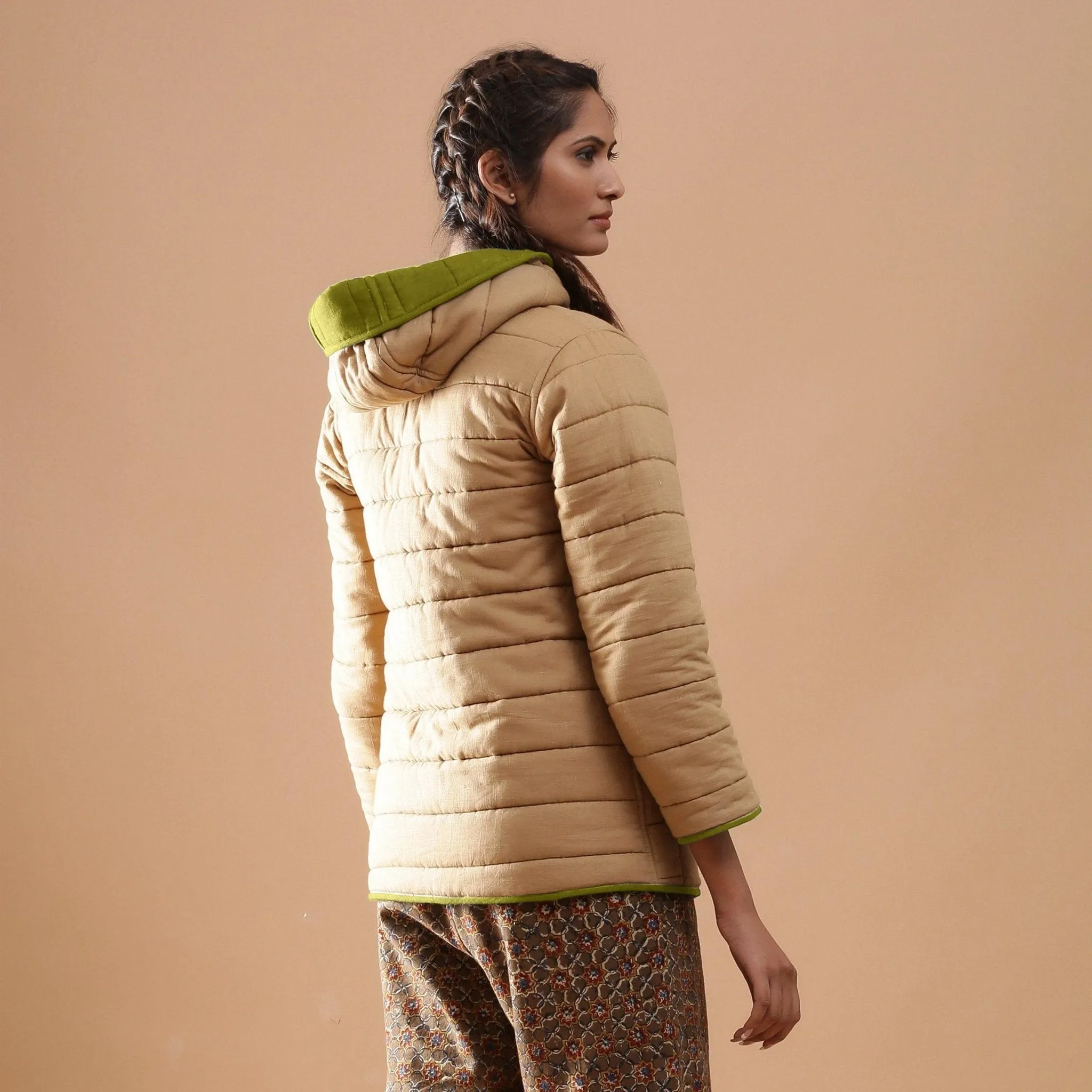 Green Reversible Detachable Quilted Cotton Hoodie Jacket