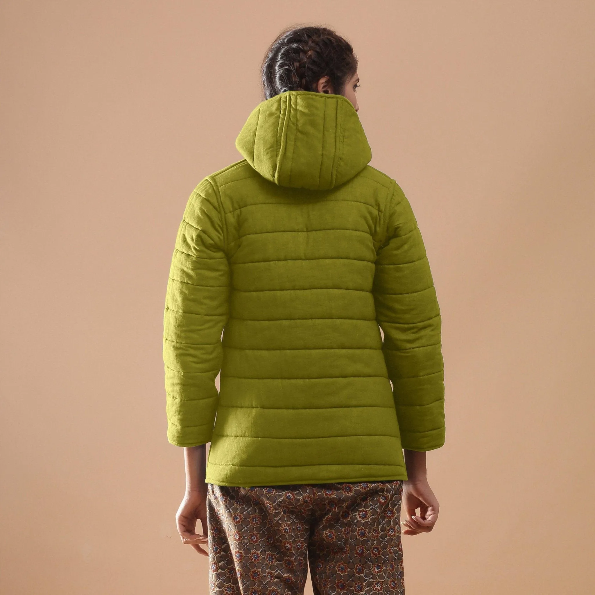 Green Reversible Detachable Quilted Cotton Hoodie Jacket