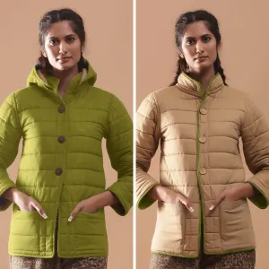 Green Reversible Detachable Quilted Cotton Hoodie Jacket