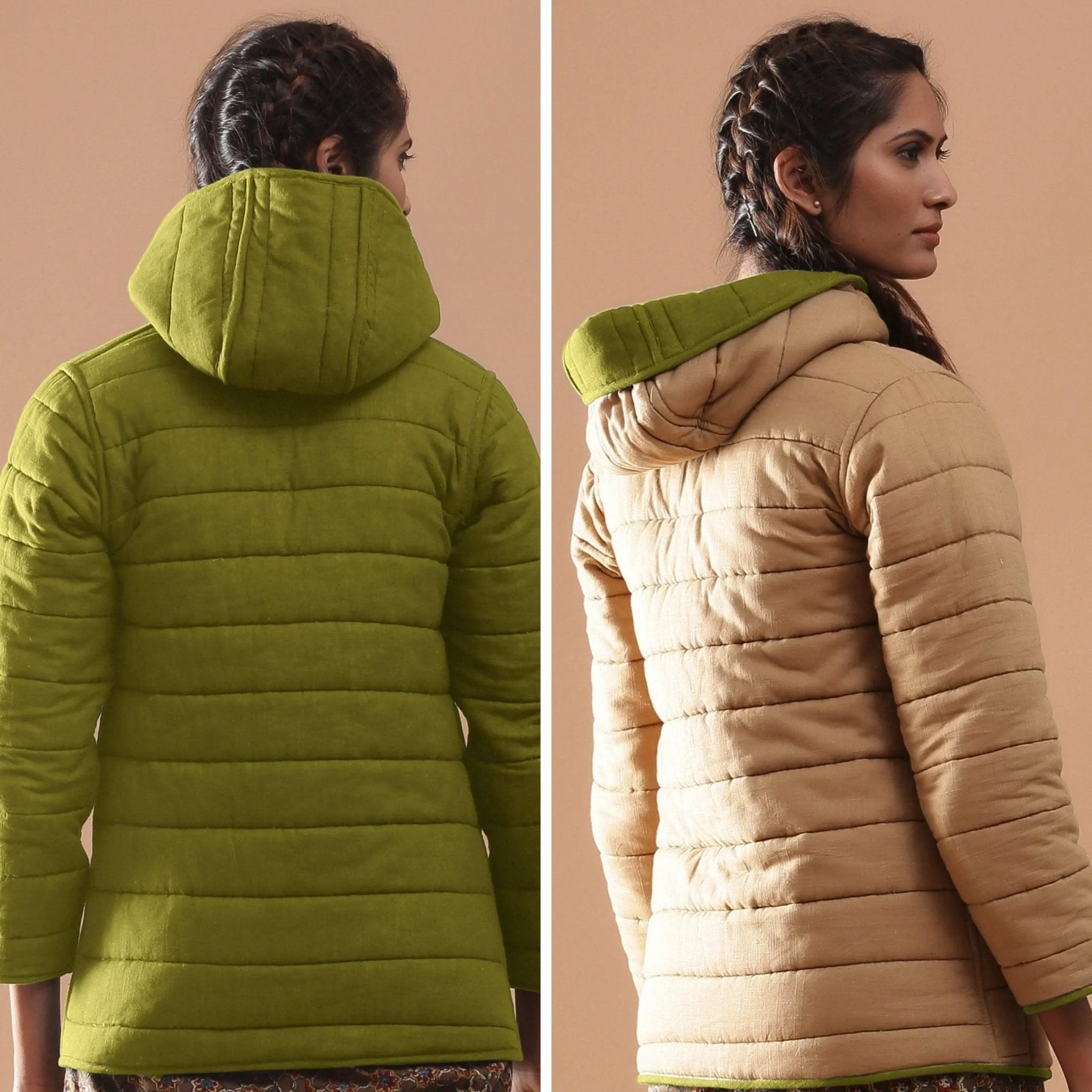 Green Reversible Detachable Quilted Cotton Hoodie Jacket