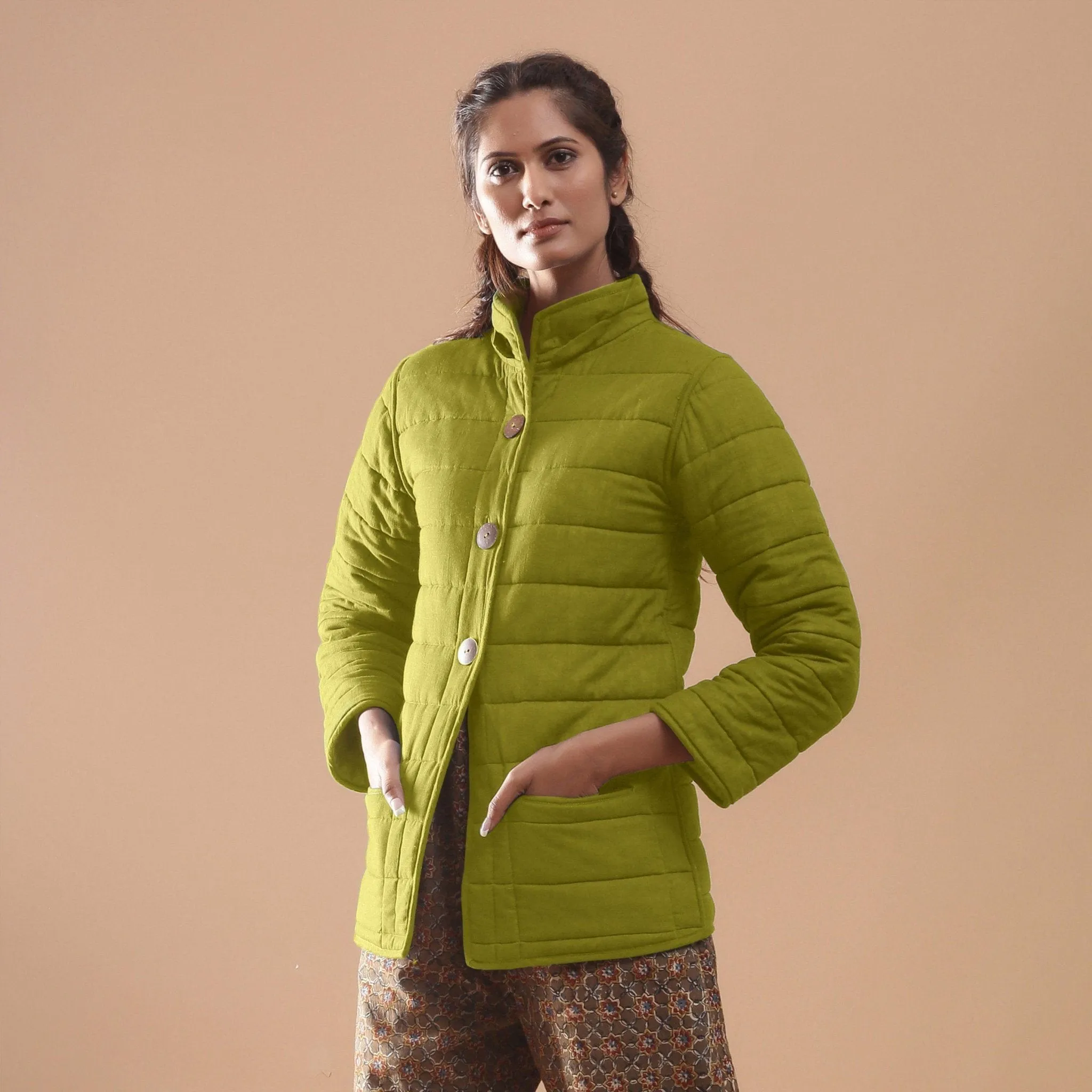 Green Reversible Detachable Quilted Cotton Hoodie Jacket