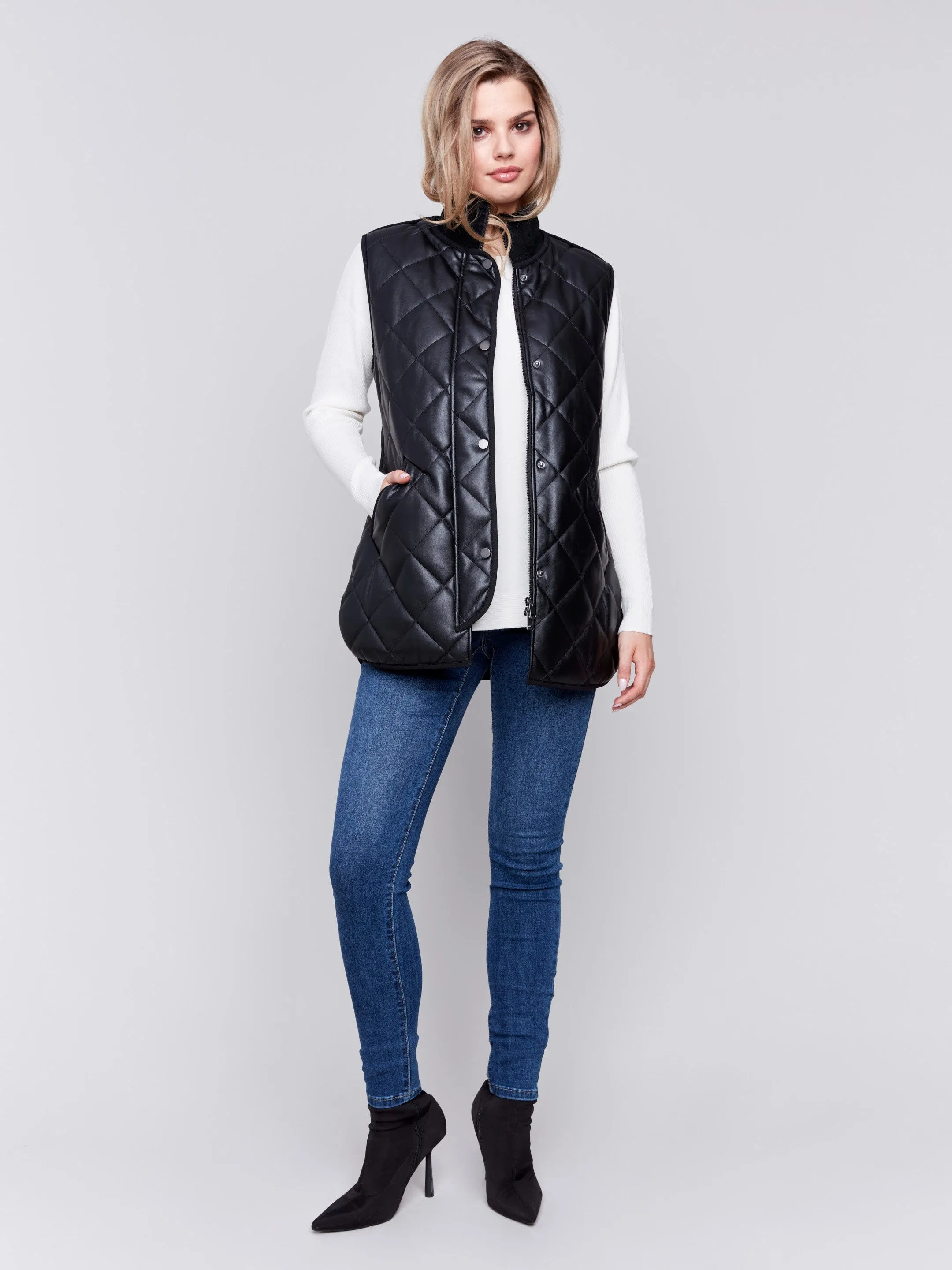 Long Quilted Faux Leather Vest - Black