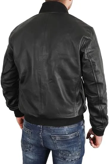 Men's Black MA1 Bomber Leather Jacket