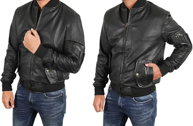 Men's Black MA1 Bomber Leather Jacket