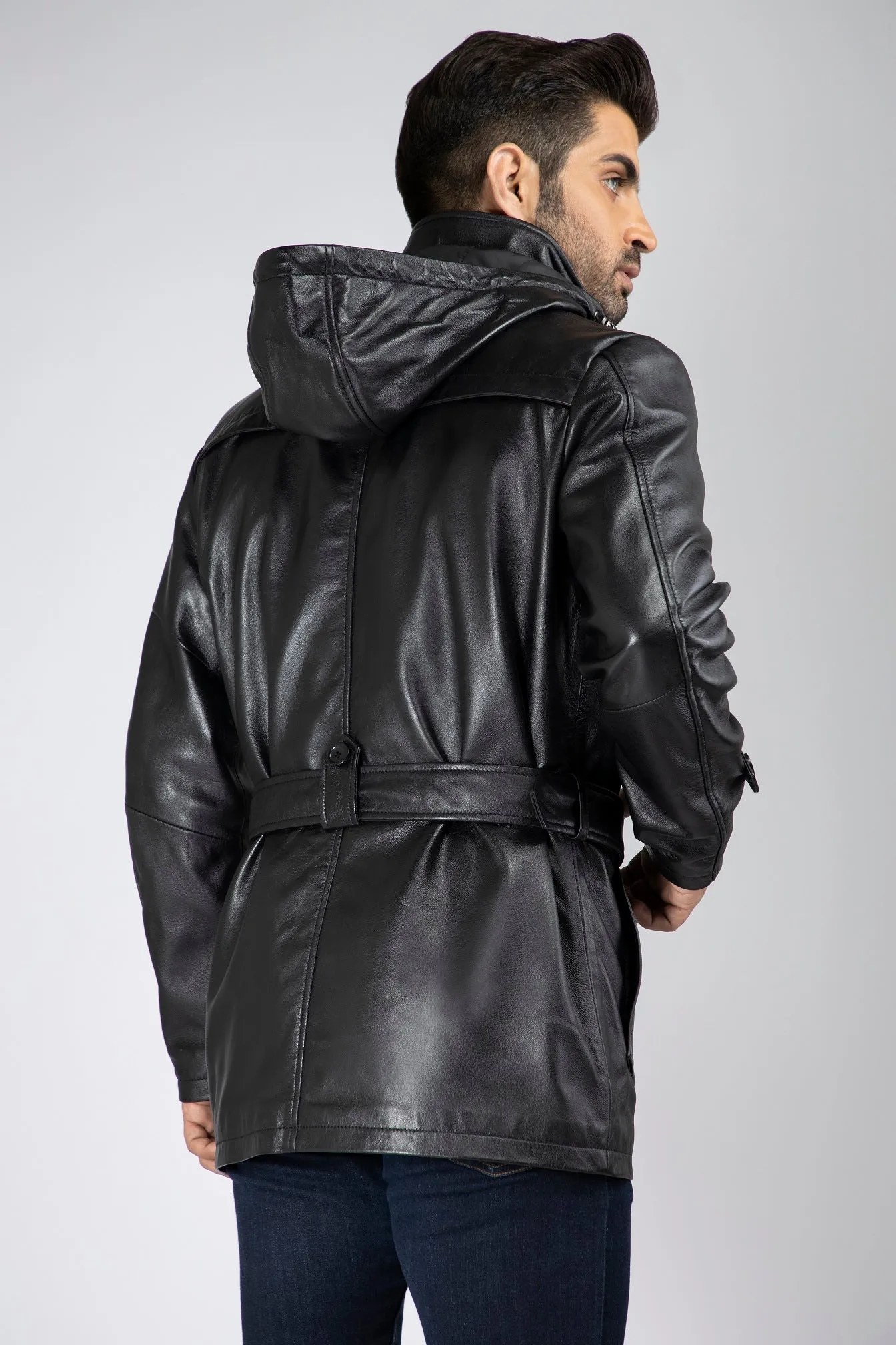 Mens Zak Front Button and Zippered Hooded Leather Coat