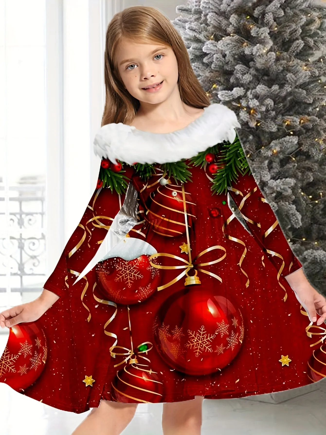 Stylish Jingle Bell Long Sleeve Graphic Dress for Girls - Activewear for Christmas Gift - Elegant, Comfortable, and Fun Holiday Outfit