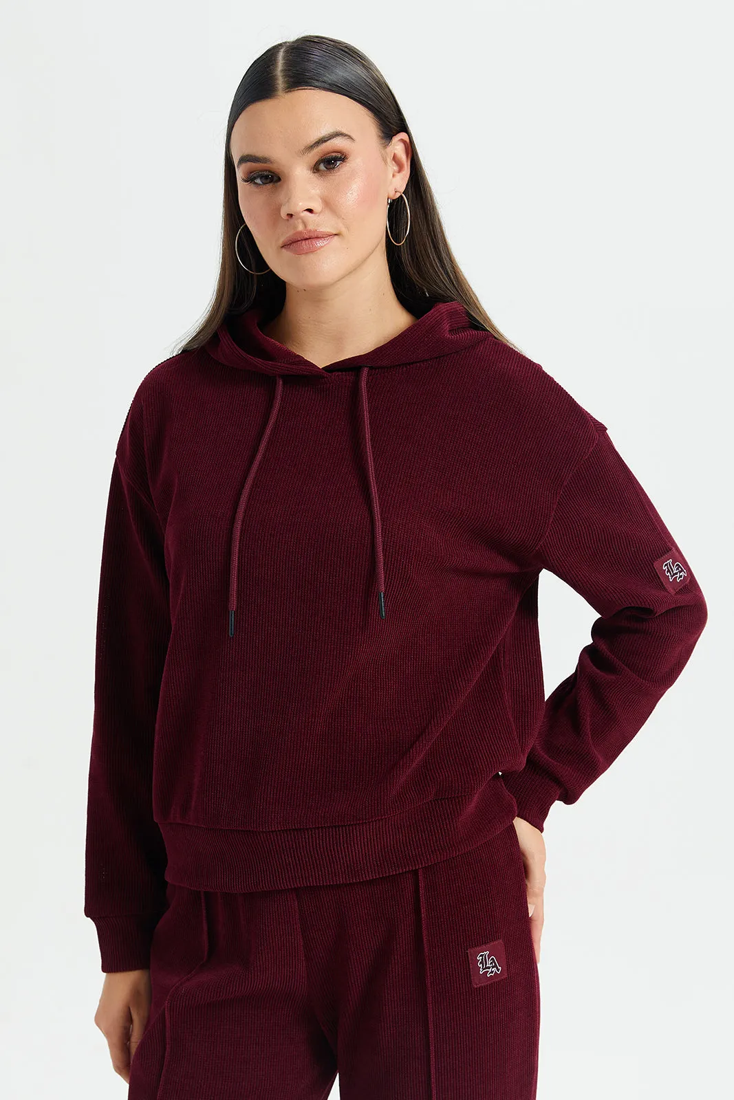 Women Burgundy Plain Hooded Sweatshirt